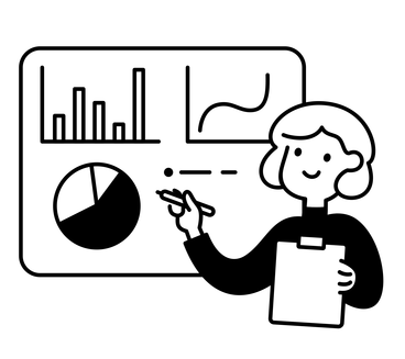 Illustration of a person presenting charts and a pie graph on a whiteboard