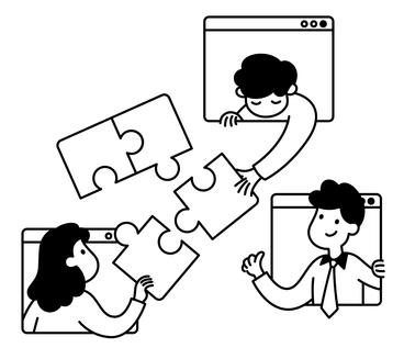 Illustration of three people collaborating remotely to piece together a jigsaw puzzle