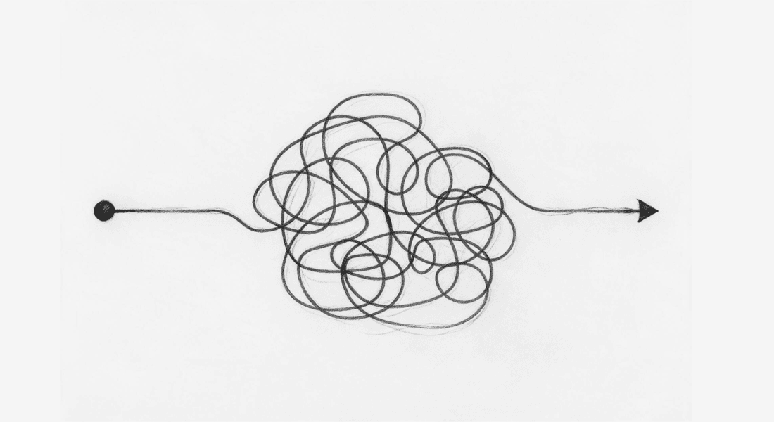 A hand-drawn line that starts at a dot, tangles into a messy scribble, then straightens out into an arrow