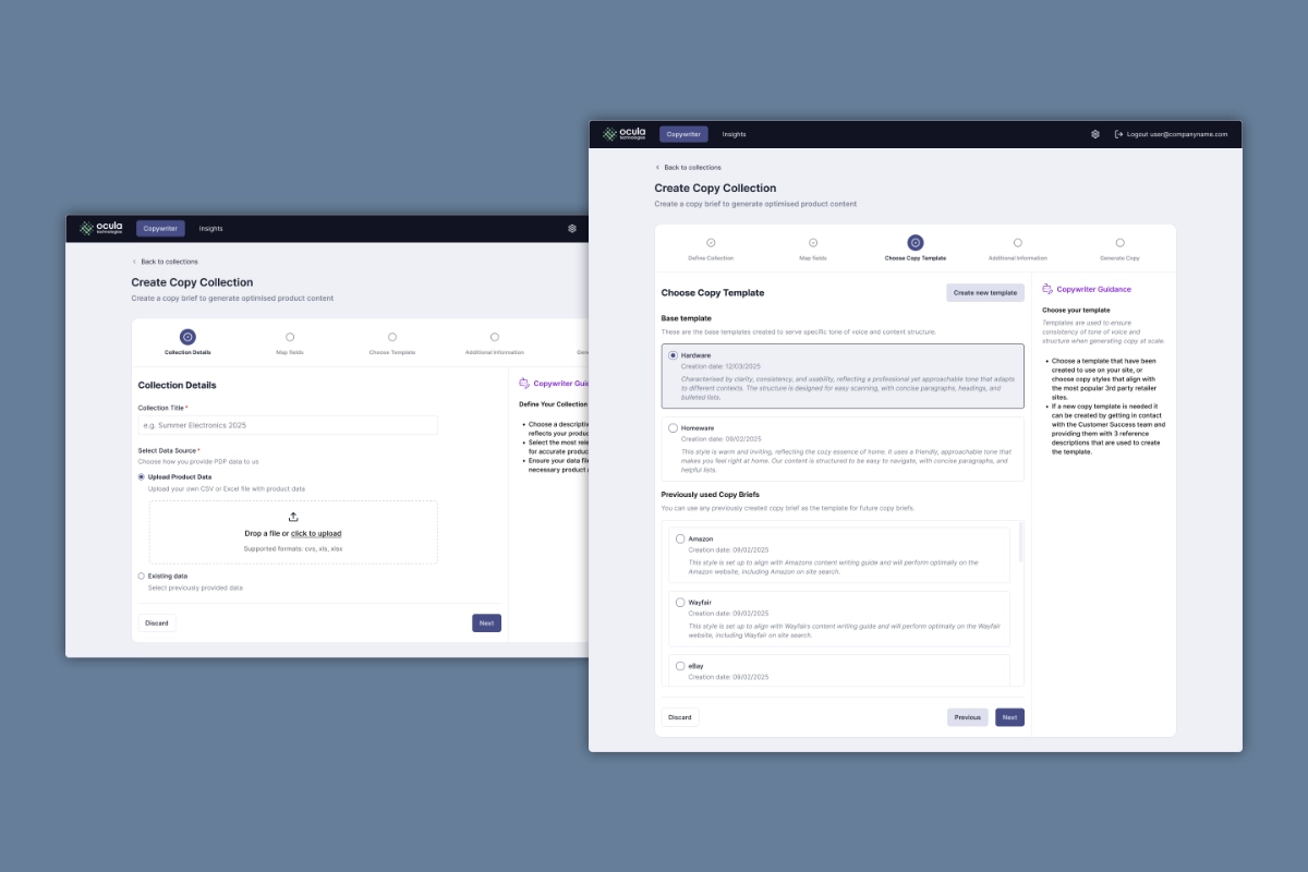 Two screens from the original Ocula platform: the Create Copy Collection stepper, on its Collection Details and Choose Copy Template steps
